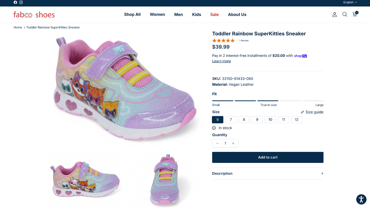 fabco shoes product page with toddler shoes, star reviews, custom fit section and size chart