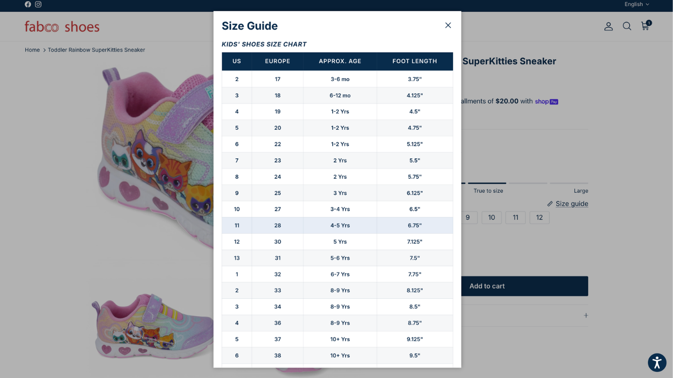 fabco shoes size chart